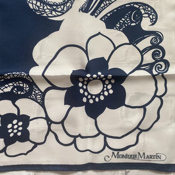 Monique Martin Navy Blue & White Square Scarf With Floral Design - Picture 3 of 5